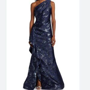 Teri Jon by Rickie Freeman Metallic Jacquard One-Shoulder Gown Navy
